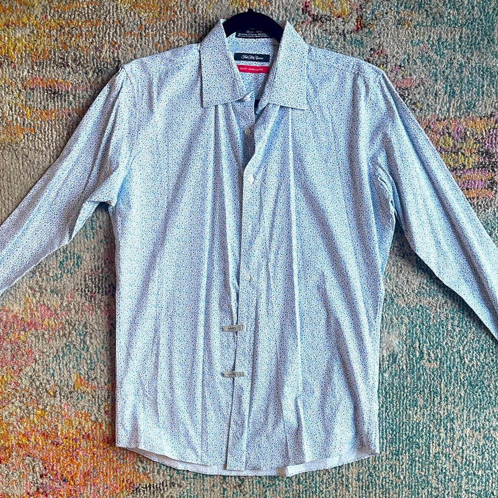 Saks Fifth Avenue Men’s Light Blue Floral Dress Shirt, Trim Fit, 15 1/2, 34/35